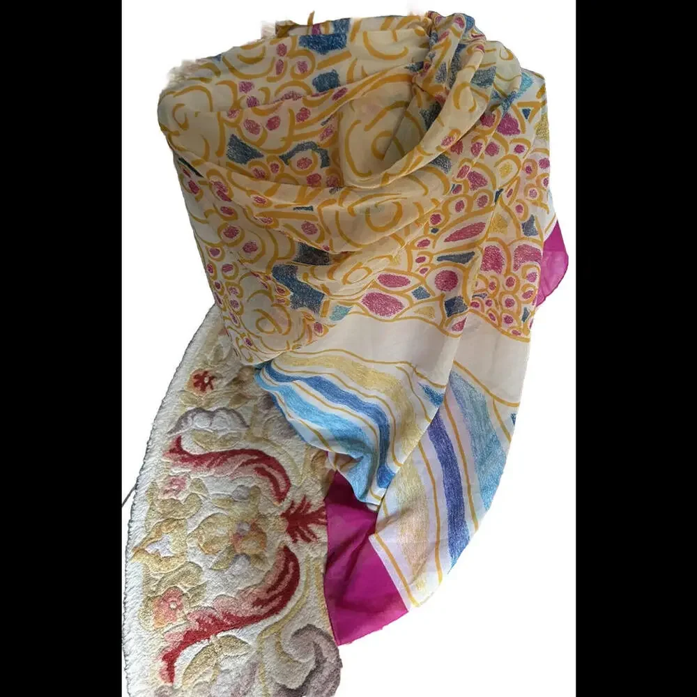 🥻Pretty Patterned White Pink Blue Square Scarf